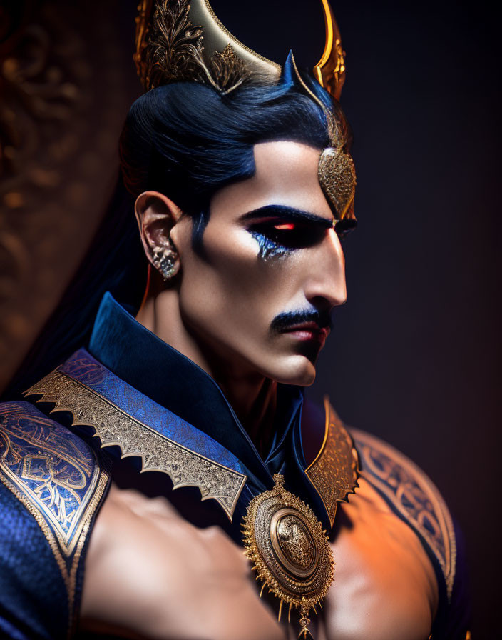 Regal Figure in Gold Crown and Blue Armor on Dark Background