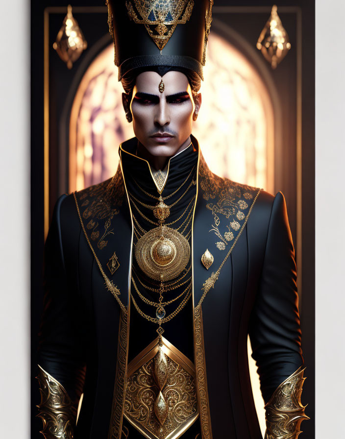 Regal figure in dark military-style jacket with golden accents