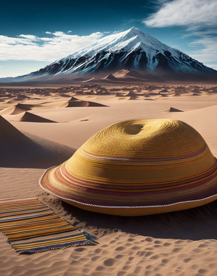 Vibrant straw hat on sandy desert with dunes, snow-capped mountain, and clear blue