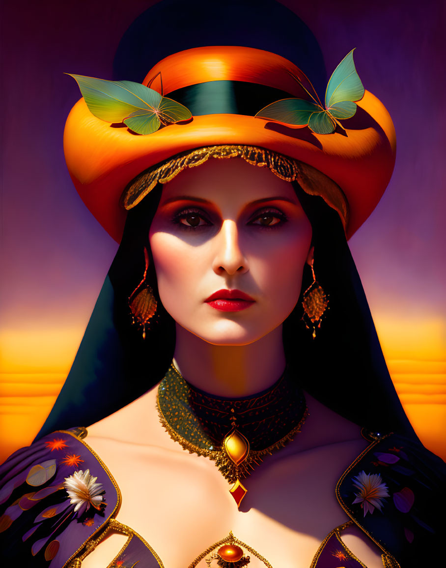 Stylized portrait of a woman with dramatic makeup, ornate hat, jewelry, and butterflies on