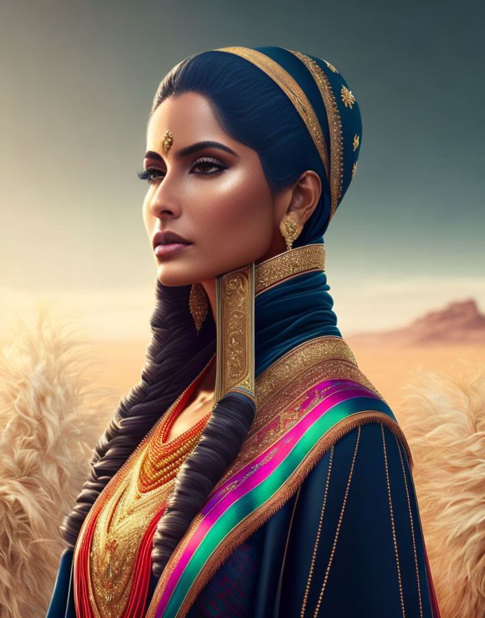Traditional Indian attire woman with jewelry and bindi in desert landscape