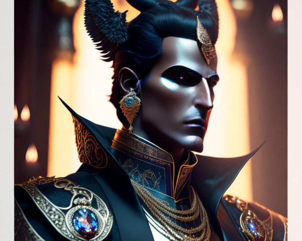 Male figure with horns in opulent gold attire against gothic backdrop.