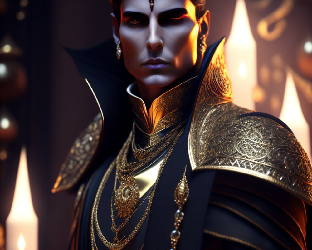 Regal figure in black and gold outfit with crown and armor in dimly lit setting