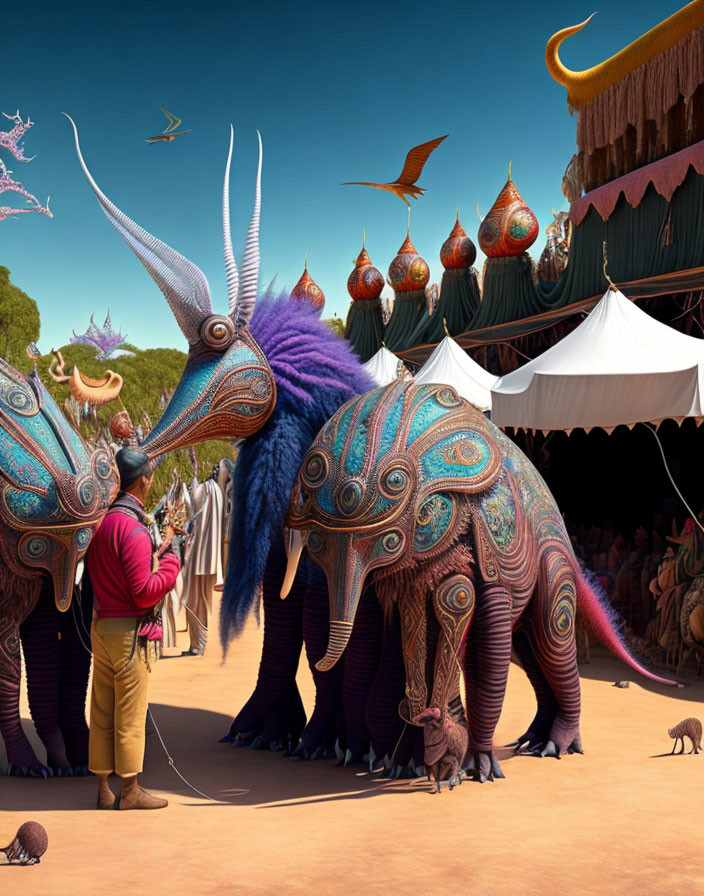 Digital artwork: Person with ornate creatures in outdoor market