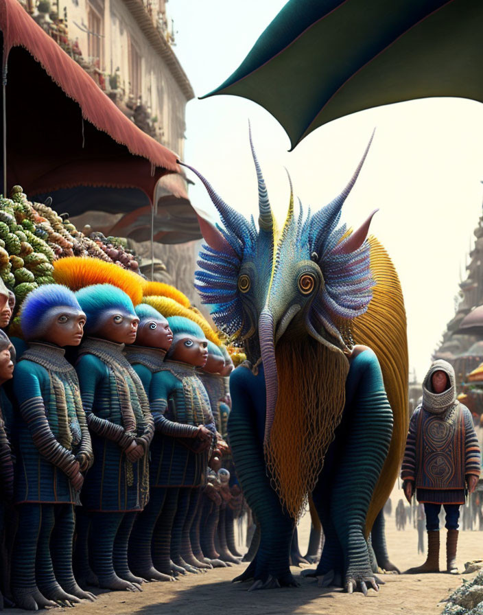 Colorful humanoid creatures and dragon-like being in vibrant street scene