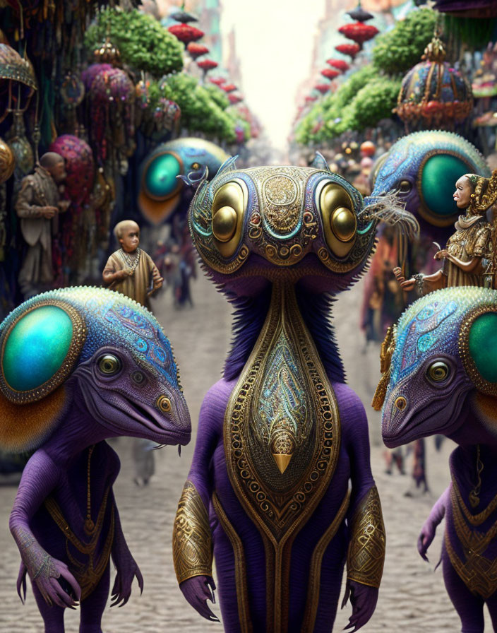 Purple and Gold Alien Creatures in Busy Market Street