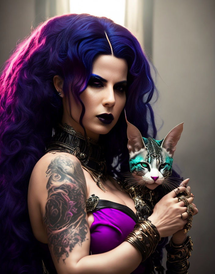 Blue and purple-haired woman holding cat with patterned fur in soft-lit setting