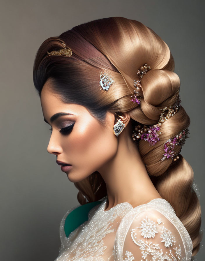 Intricate Braided Hairstyle with Decorative Accessories and White Lace Dress