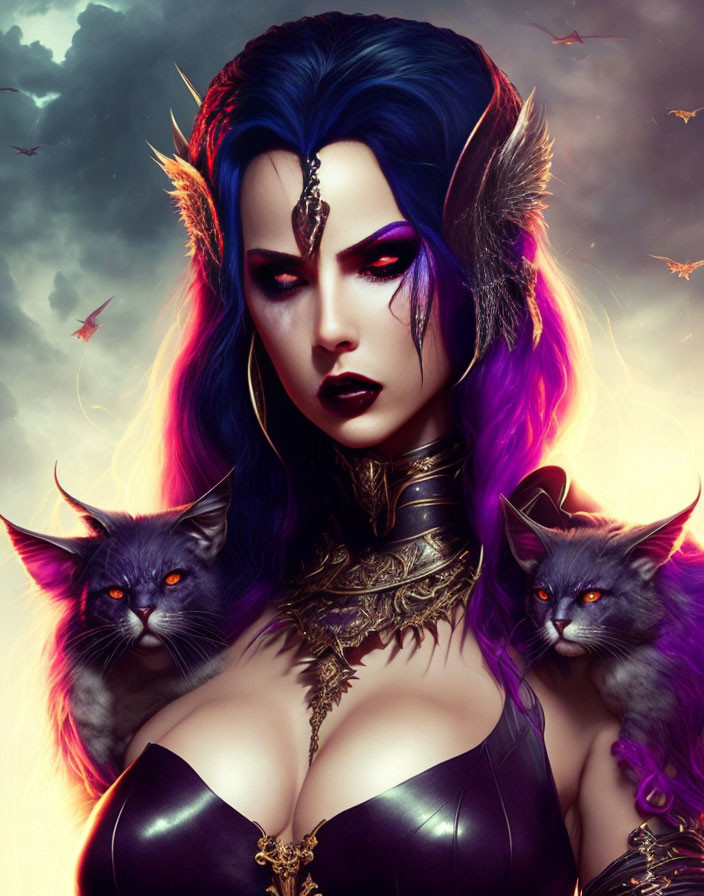 Fantasy woman with blue hair and elf ears, with two fierce cats, stormy sky.
