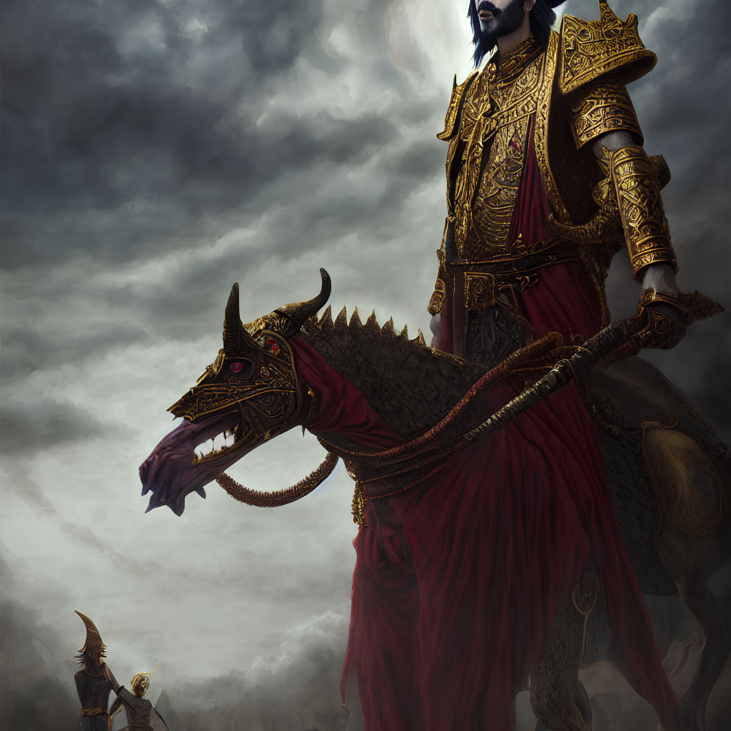 Regal warrior king in golden armor with dragon under stormy sky