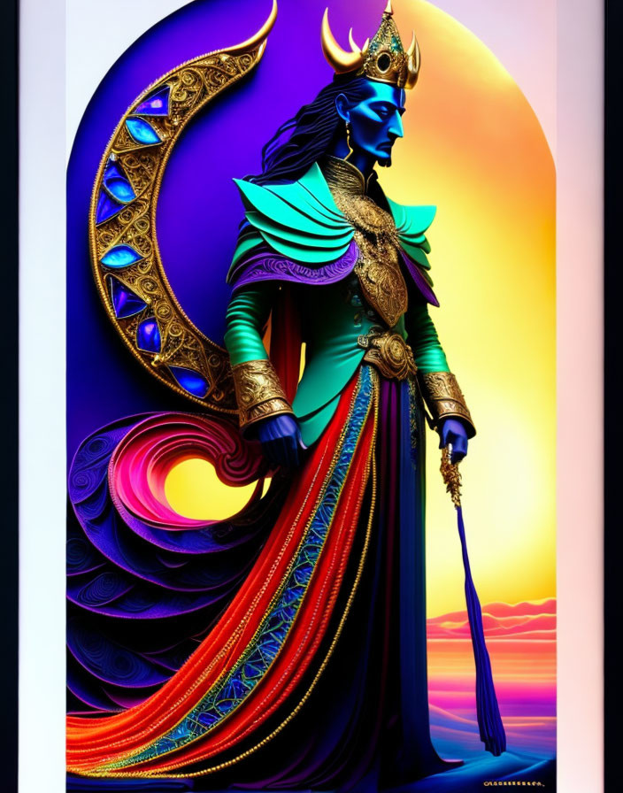 Regal blue-skinned figure in golden armor with headdress and scepter on sunset backdrop