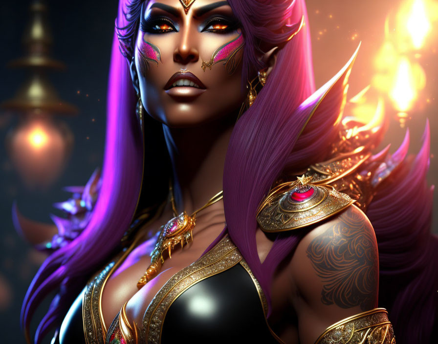 Fantasy female character with purple hair and golden armor