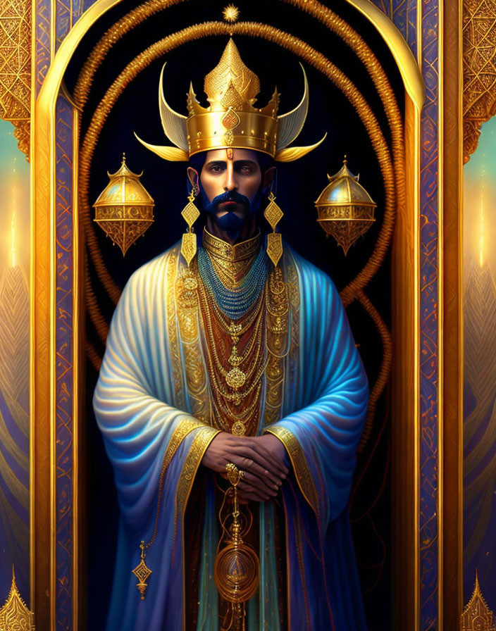Regal Figure in Ornate Golden Crown and Blue Robes Under Elaborate Archway