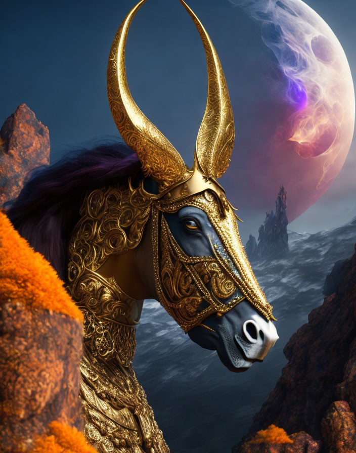 Golden Bull with Armor in Surreal Landscape with Purple Moon