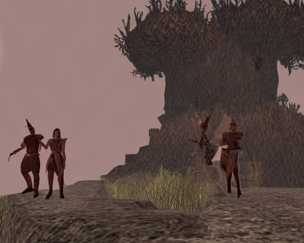 Three armored warriors on rocky path with tree-covered cliff and setting sun.