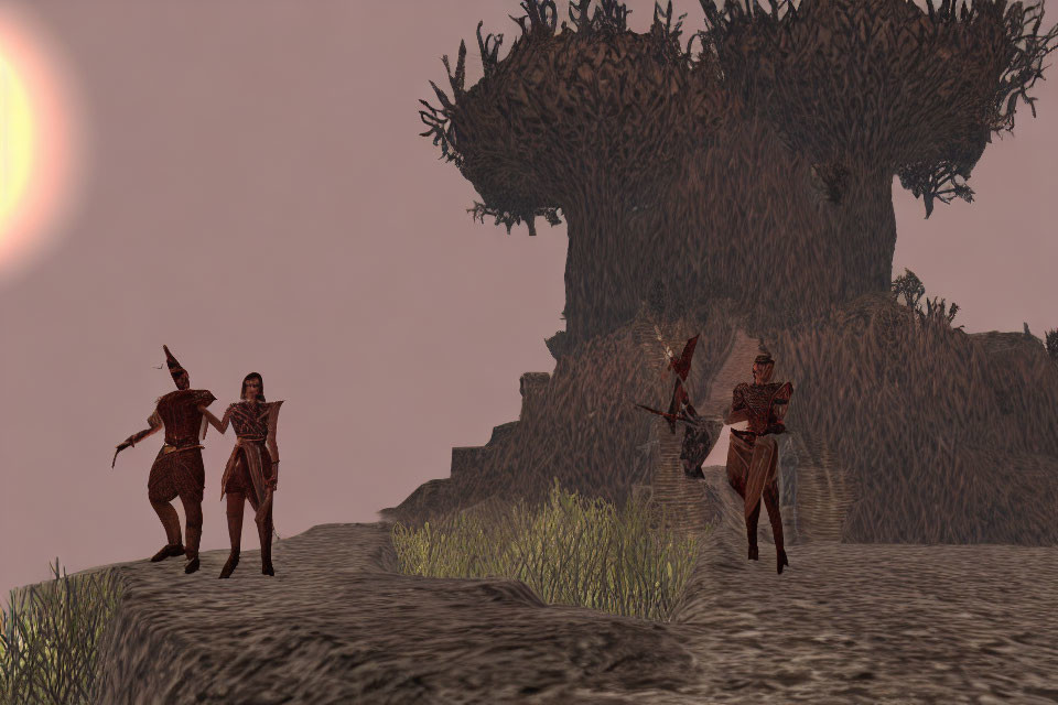 Three armored warriors on rocky path with tree-covered cliff and setting sun.