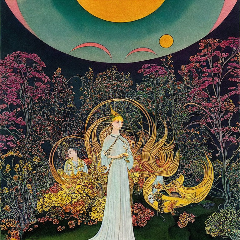 Art Nouveau illustration of three ethereal female figures in floral landscape