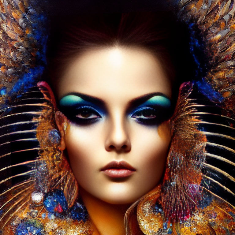Colorful Peacock Motif Makeup Look with Vibrant Blue Eyeshadow