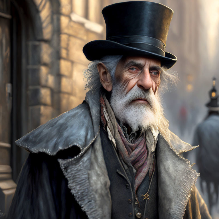 Elderly man with white beard and top hat in vintage city setting