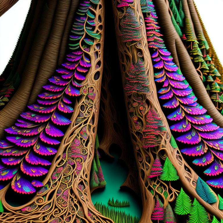 Colorful fractal art of intricate tree-like structures with peacock feather patterns