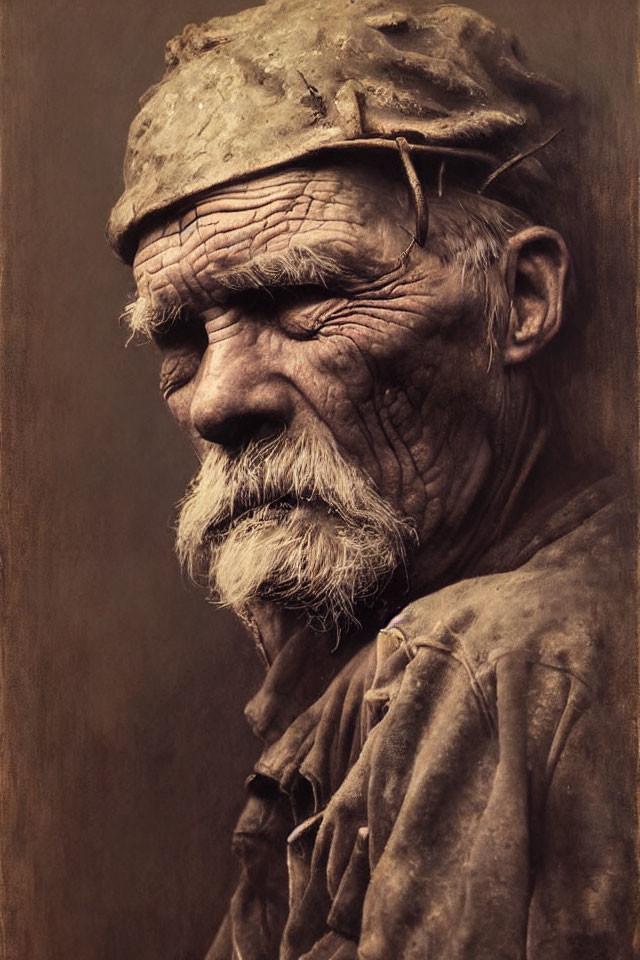Elderly man with weathered skin and white beard in sepia portrait