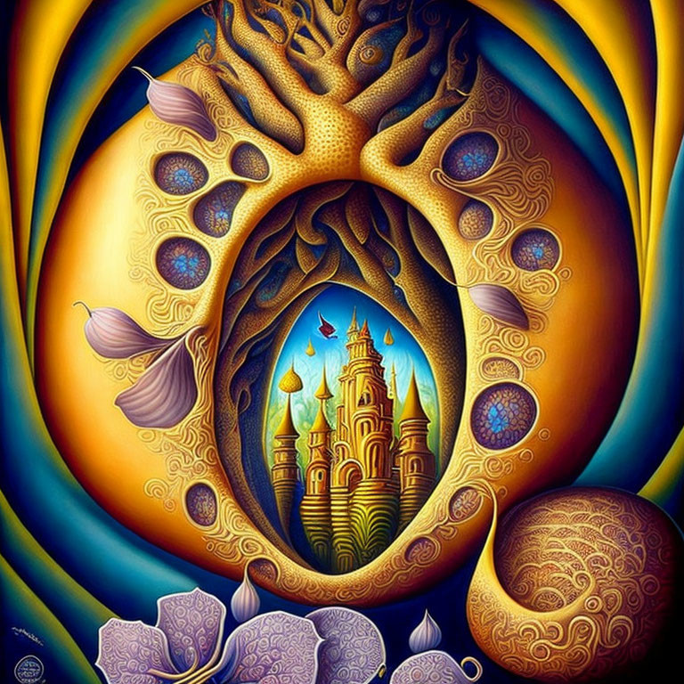 Surreal artwork of golden tree with castle, orbs, and floating leaves