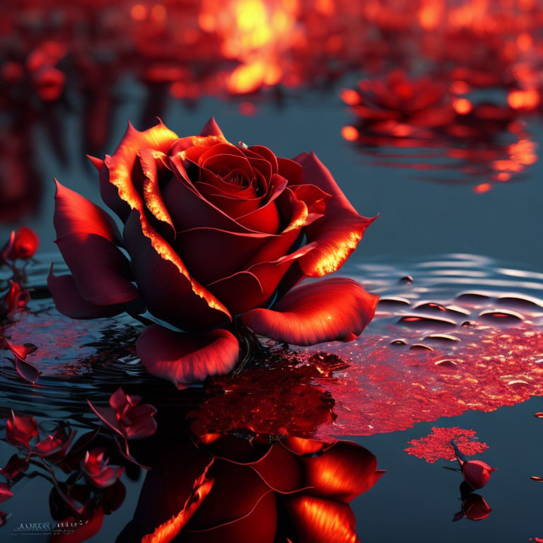 Bright red rose among petals reflected in calm water under warm light