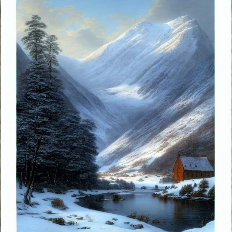 Winter landscape with chapel, frozen river, snowy mountains, evergreen trees, dusky sky