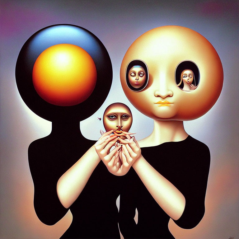 Surreal artwork: two figures with large, hollow heads, one holding smaller figures, on gradient