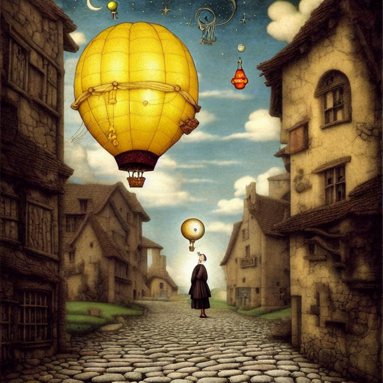 Person holding balloon on cobbled street gazes at large yellow hot air balloon and whimsical houses.