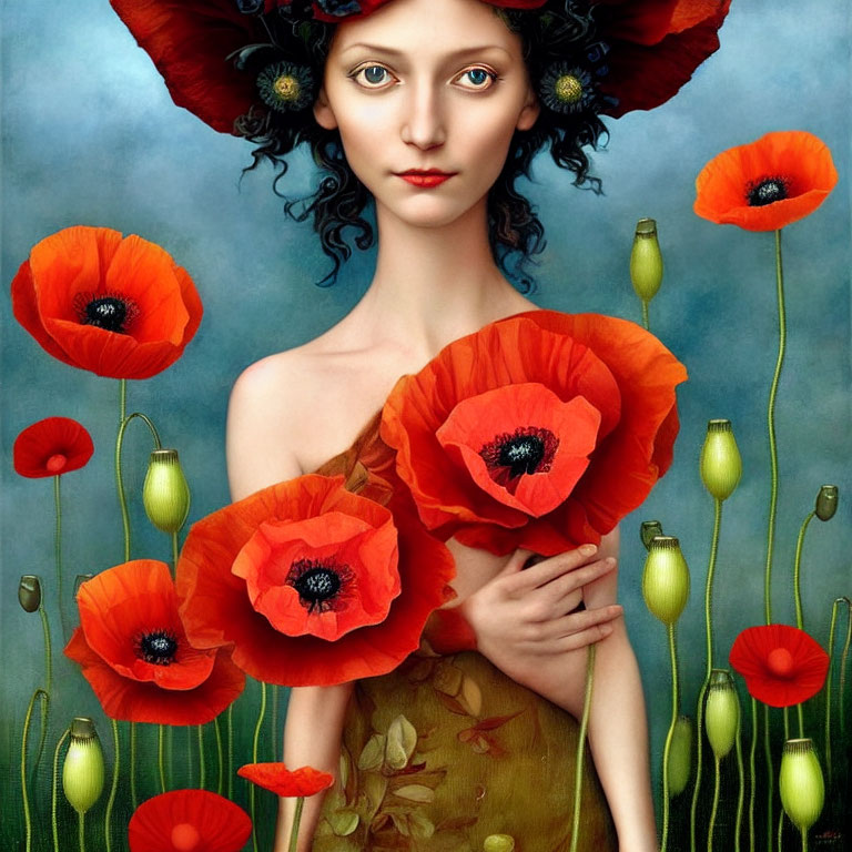 Surreal portrait of woman with red poppies in hair on blue background