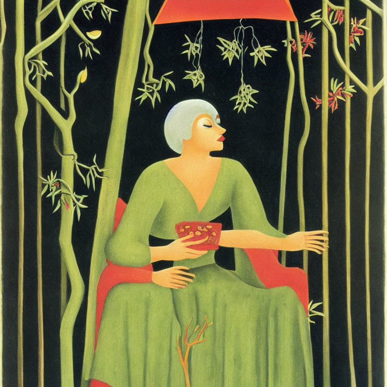 Stylized painting of woman with bob haircut under red canopy in verdant setting