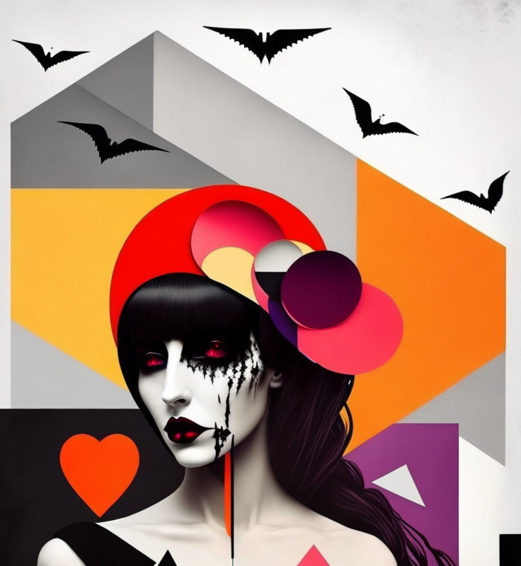 Colorful geometric portrait with bats and abstract design