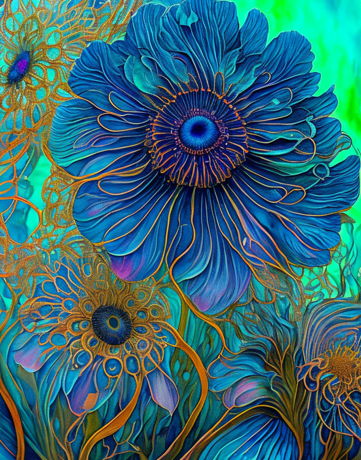 Detailed Stylized Blue Flowers with Golden Ornate Details on Turquoise Background
