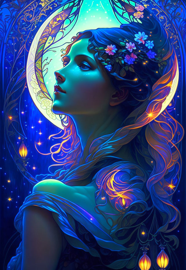 Digital artwork of woman with flower crown under moonlit sky