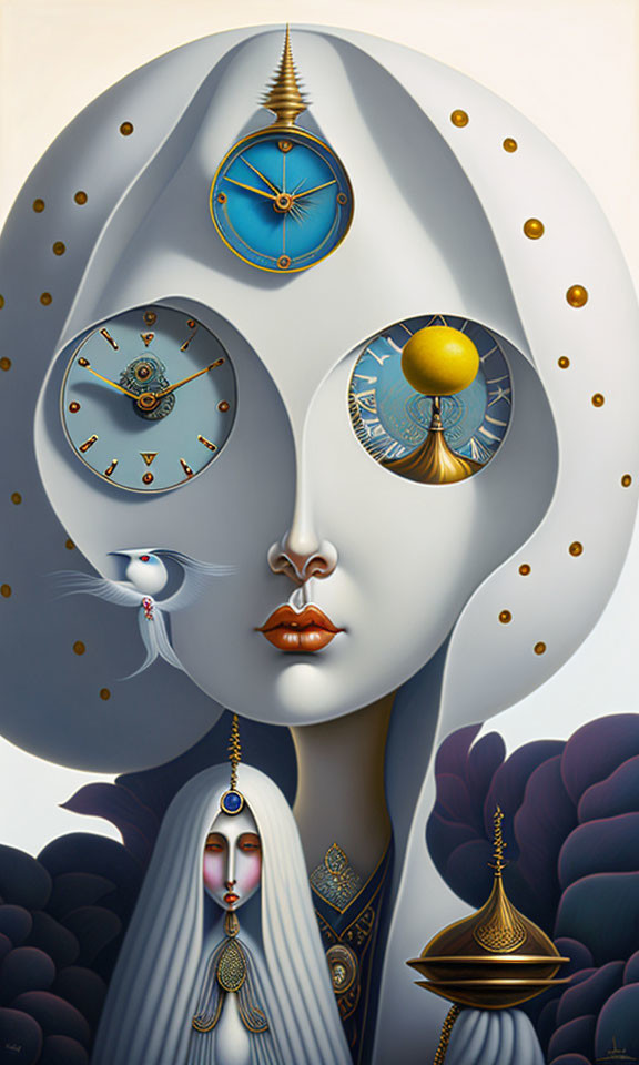 Surrealist painting of woman with clock eyes, sun forehead, ornate earrings