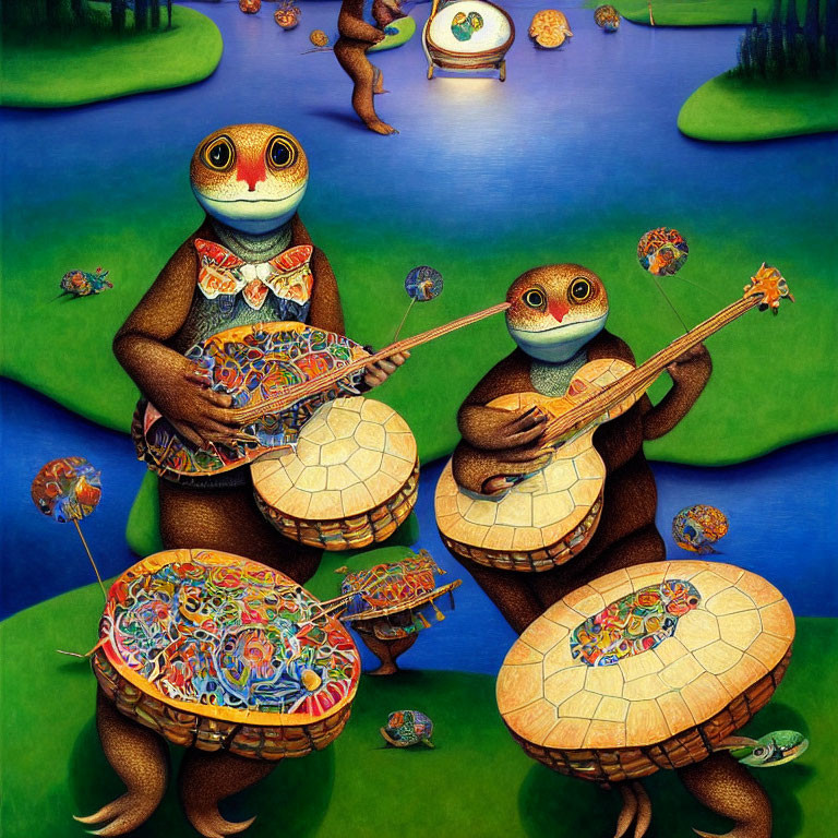 Colorful anthropomorphic frogs playing instruments in serene water landscape