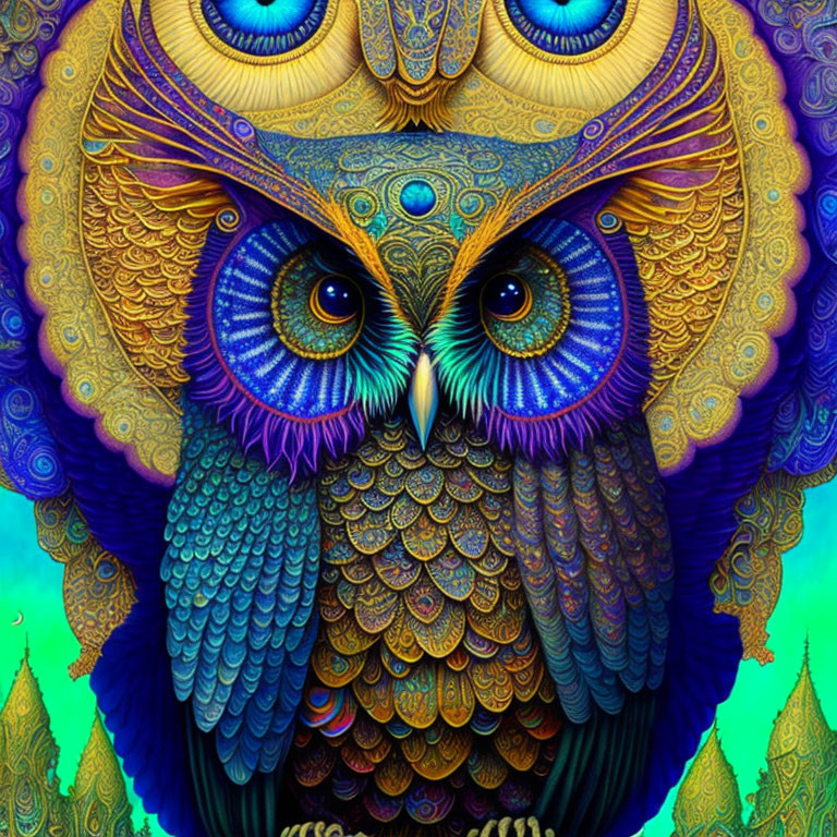 Colorful Owl Illustration with Intricate Patterns and Blue Eyes on Psychedelic Background