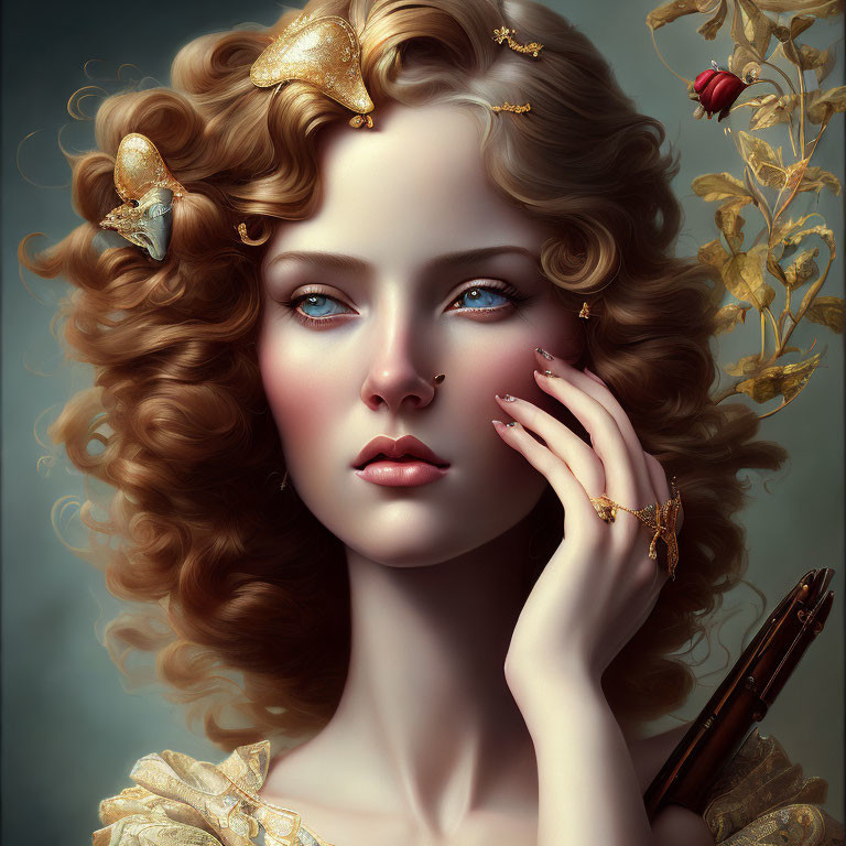 Portrait of woman with curly brown hair, gold butterflies, nose ring, blue eyes, and golden leaves