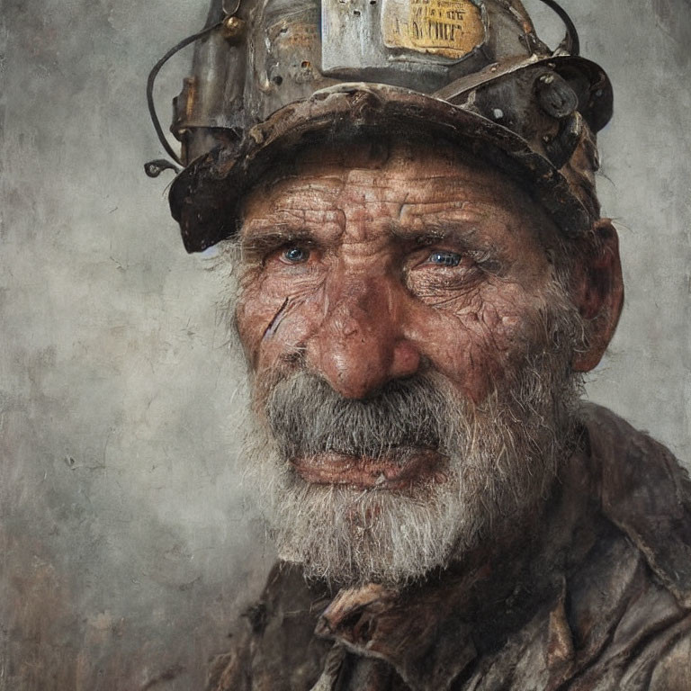 Elderly man with weathered face and miner's helmet portrait