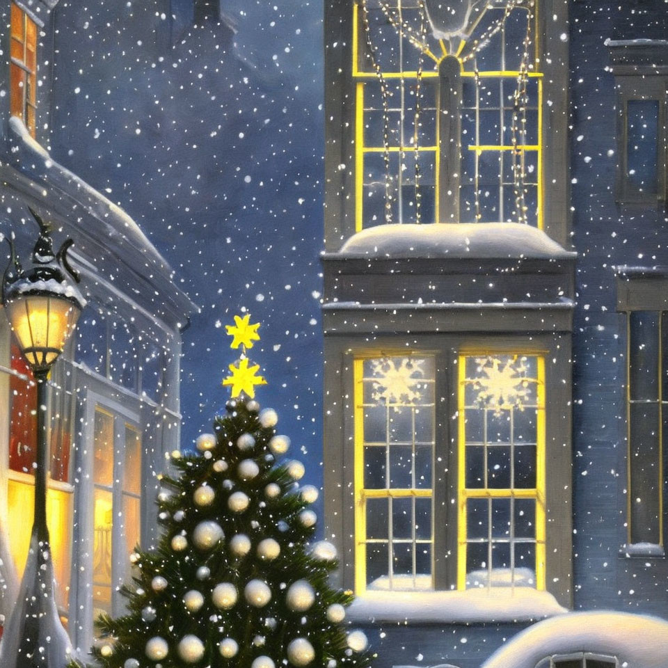 Snowy Evening Scene: Lit Windows, Christmas Tree, Peaceful Street