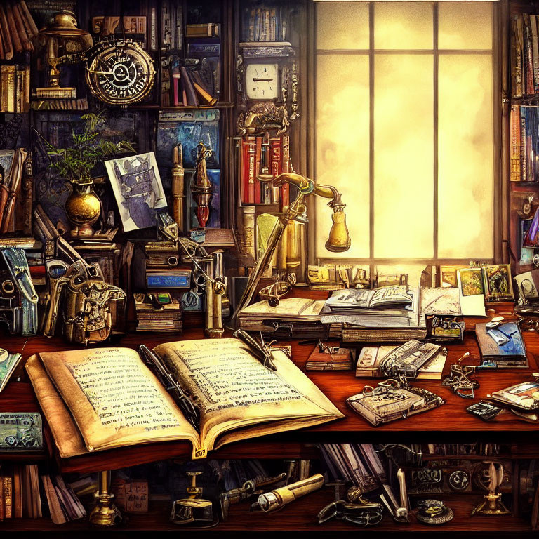 Vintage Study Room with Books, Journal, Antiques, Art, Lamp, and Large Windows