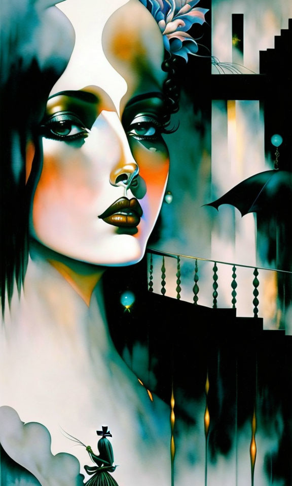 Surreal Artwork: Woman's Face with Exaggerated Features & Geometric Shapes