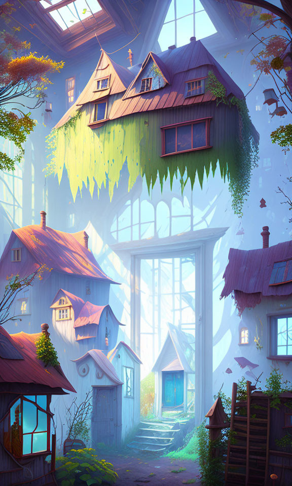 Enchanting treehouse village in sunlit forest