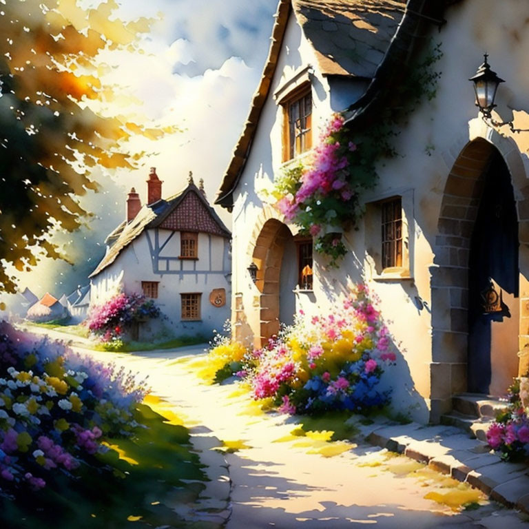 Charming village scene with cobblestone path and blooming flowers