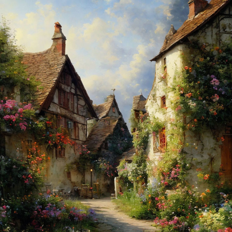 European village scene: half-timbered houses, blooming flowers, cobblestone path,