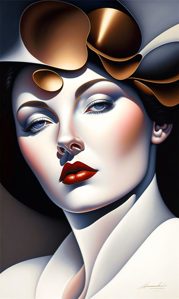 Exaggerated features in stylized portrait with pale skin and red lips