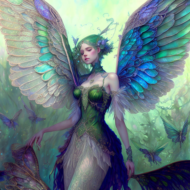 Fantastical digital artwork of female figure with blue butterfly wings in mystical green setting