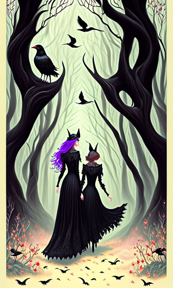 Mystical forest scene with two witches in black dresses and hats