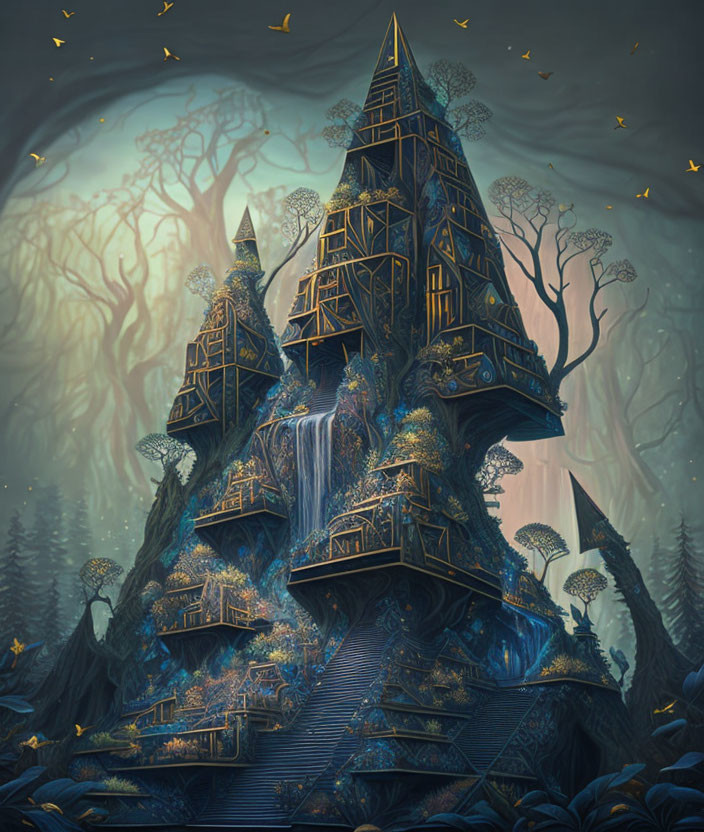 Ethereal fantasy castle with waterfalls and misty trees in golden light